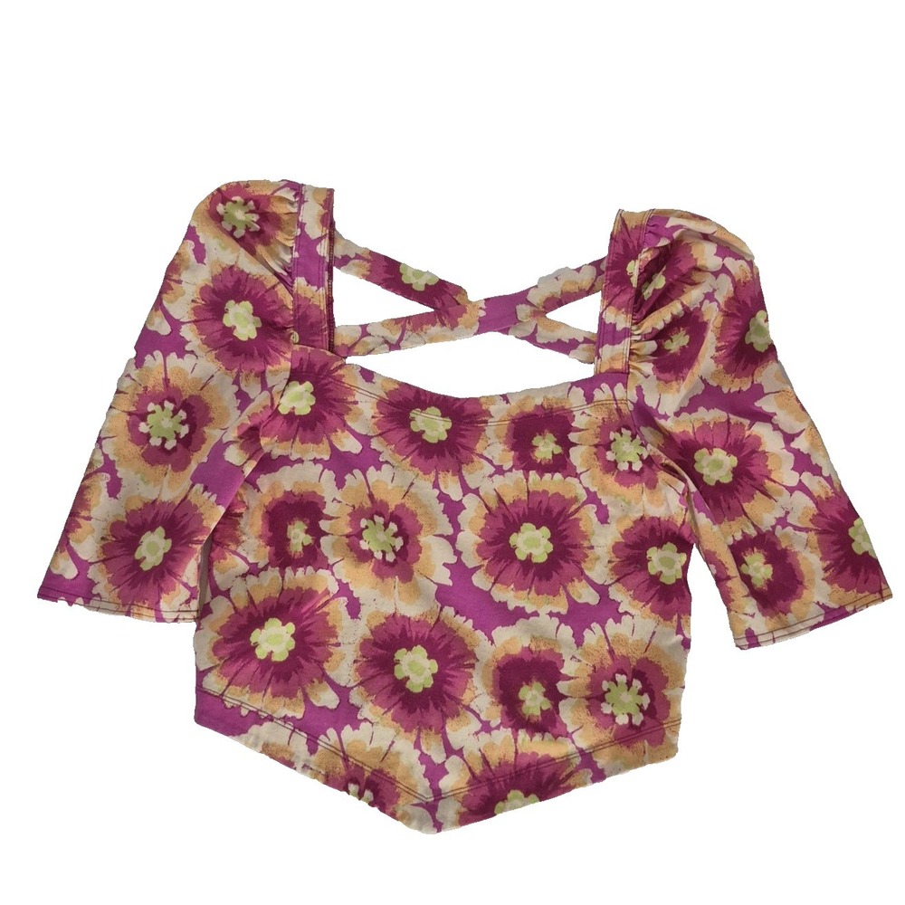 Free People Crop Top Womens Medium Pink Floral One Shoulder Cutout Stretch Boho